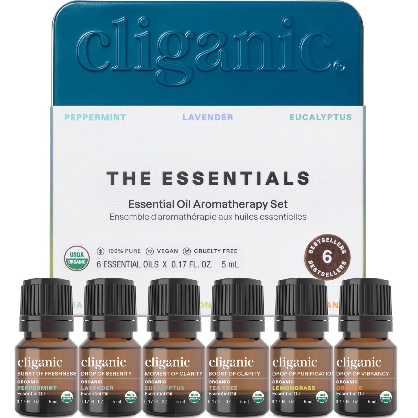 Cliganic Organic Aromatherapy Essential Oils Set (Top 6) – The Essentials, 100% Pure & Natural