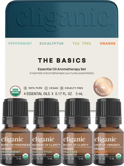 Cliganic Organic Essential Oils Gift Set (Top 4 - The Basics) | 100% Pure Natural Aromatherapy - Peppermint, Eucalyptus, Tea Tree & Orange