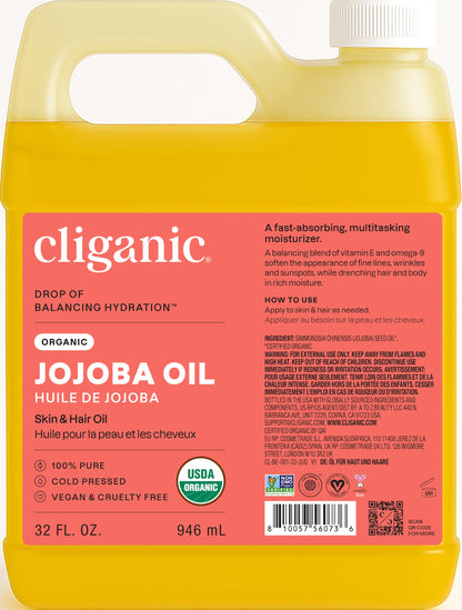 Cliganic Organic Jojoba Oil 32oz Bulk – 100% Pure, Cold-Pressed, Hexane-Free for Hair & Face