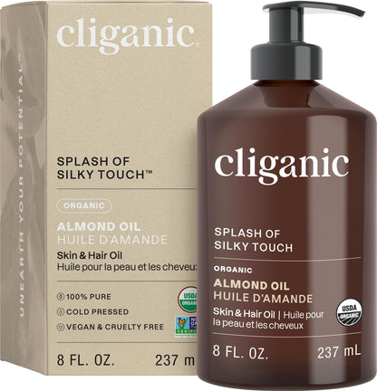 Cliganic Organic Sweet Almond Oil - 100% Pure (8oz) for Skin & Hair | Nourishing Carrier Oil