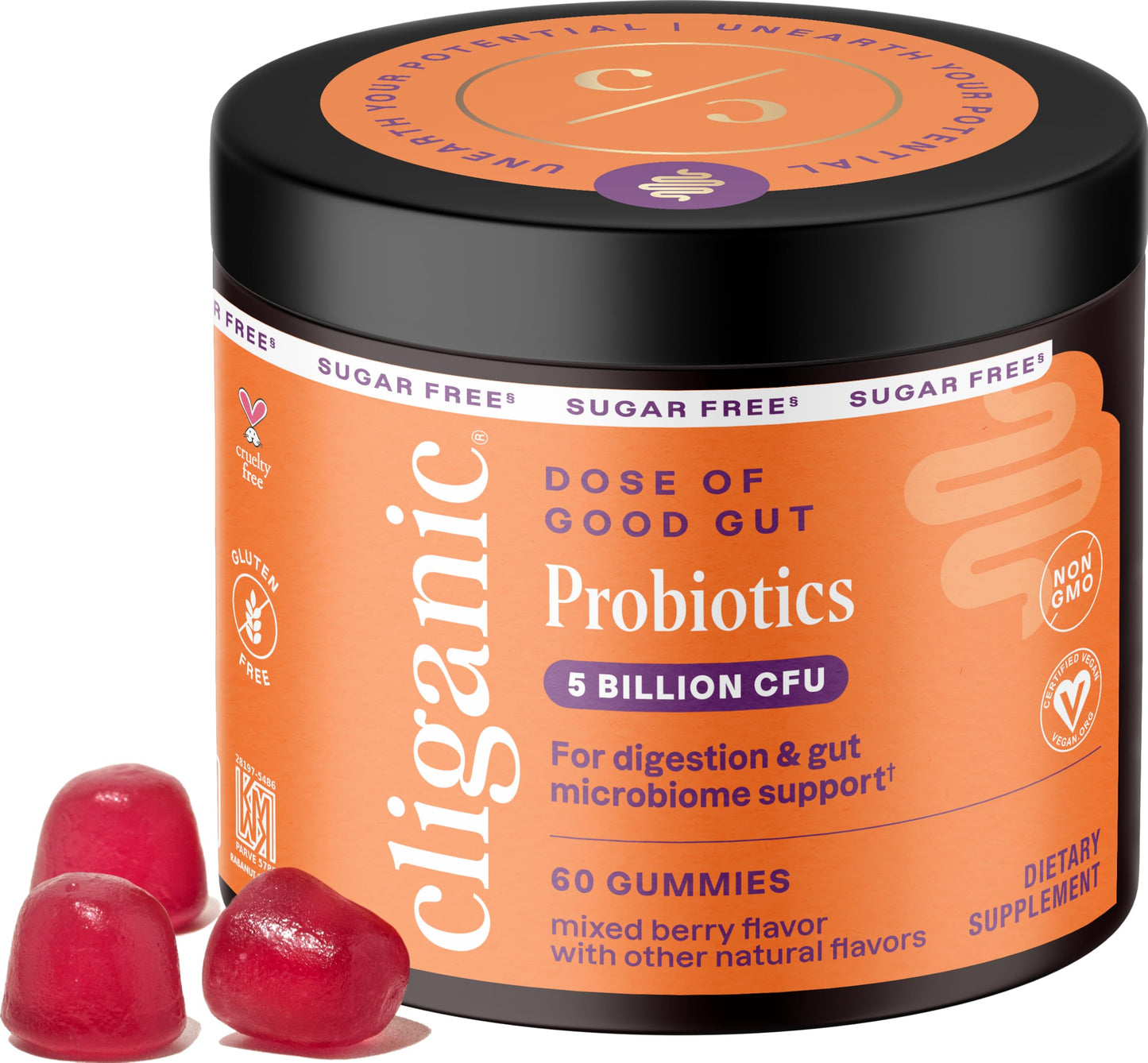 Cliganic Sugar-Free Probiotics Gummies for Men & Women – 5B CFU, 60-Day Berry