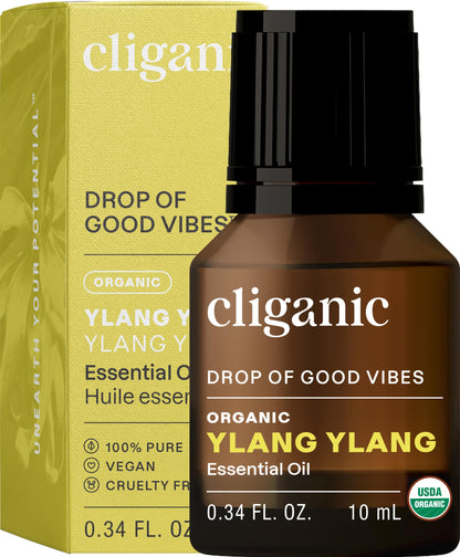Cliganic Organic Ylang Ylang Essential Oil – 0.33oz | 100% Pure, USDA Organic, Non-GMO