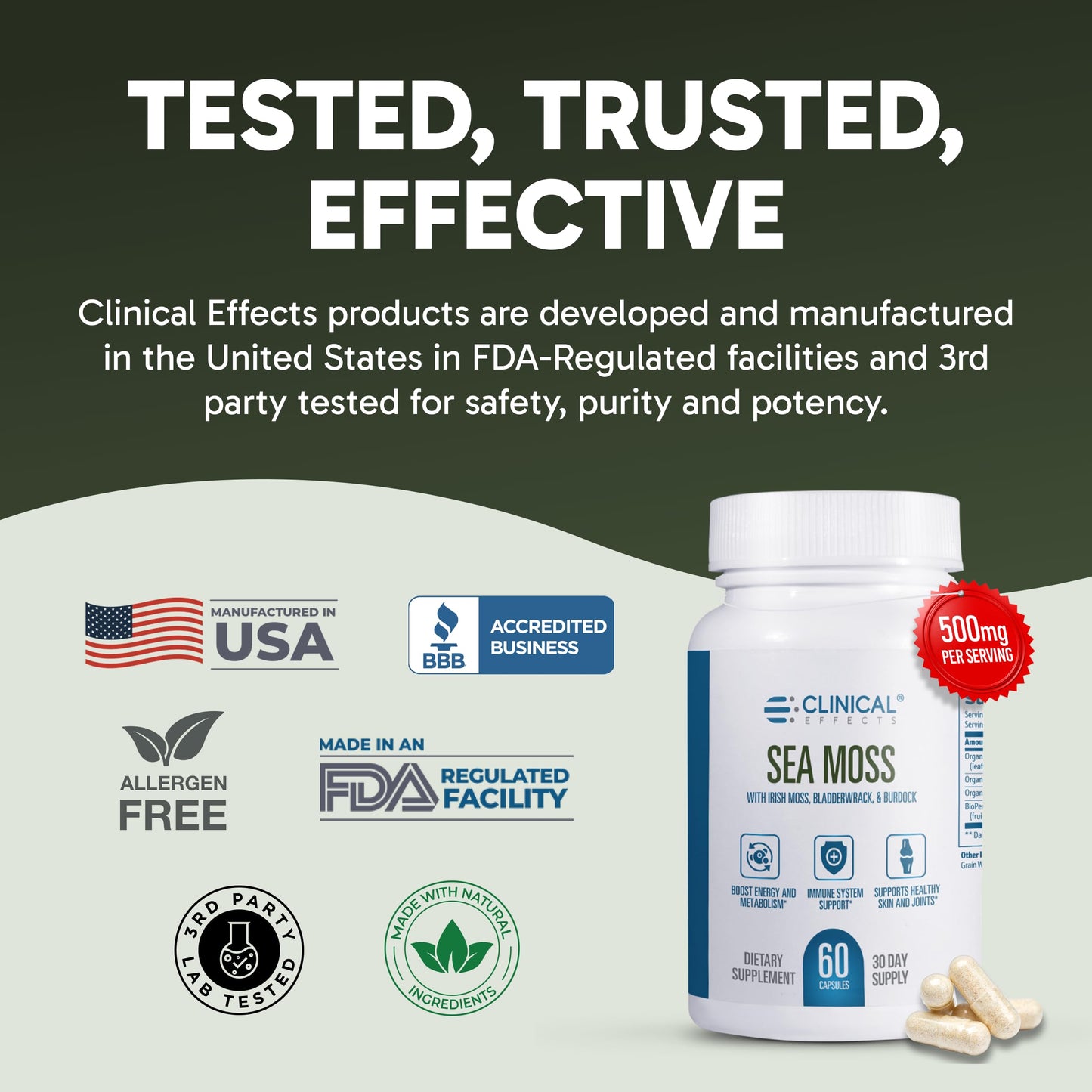 Clinical Effects Sea Moss Capsules – Organic Irish Sea Moss with Bladderwrack & Burdock Root (Bioperine) – Thyroid, Heart Health, Weight Management, Energy – 60ct USA