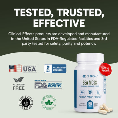 Clinical Effects Sea Moss Capsules – Organic Irish Sea Moss with Bladderwrack & Burdock Root (Bioperine) – Thyroid, Heart Health, Weight Management, Energy – 60ct USA