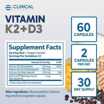 Clinical Effects Vitamin K2 + D3 60 Caps – Bone & Heart Health – USA Made