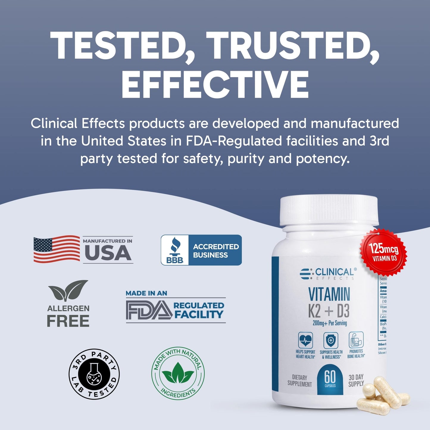 Clinical Effects Vitamin K2 + D3 60 Caps – Bone & Heart Health – USA Made