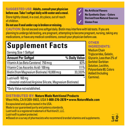 Nature Made Hair Growth Softgels with Lustriva – Biotin 10000mcg, A & C, 30 Softgels