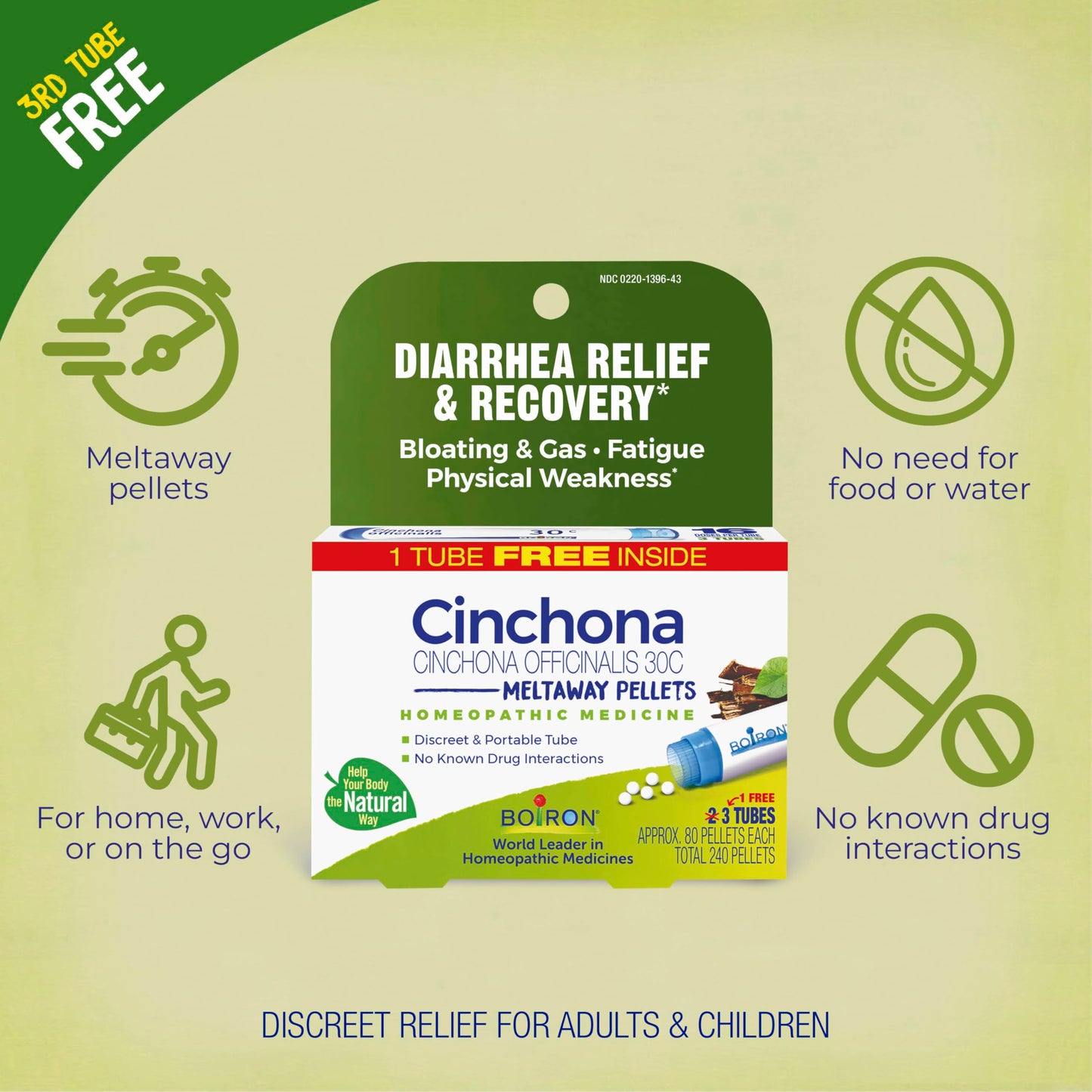 Boiron Cinchona 30C Homeopathic Diarrhea Relief – 3 Tubes, 240 Pellets