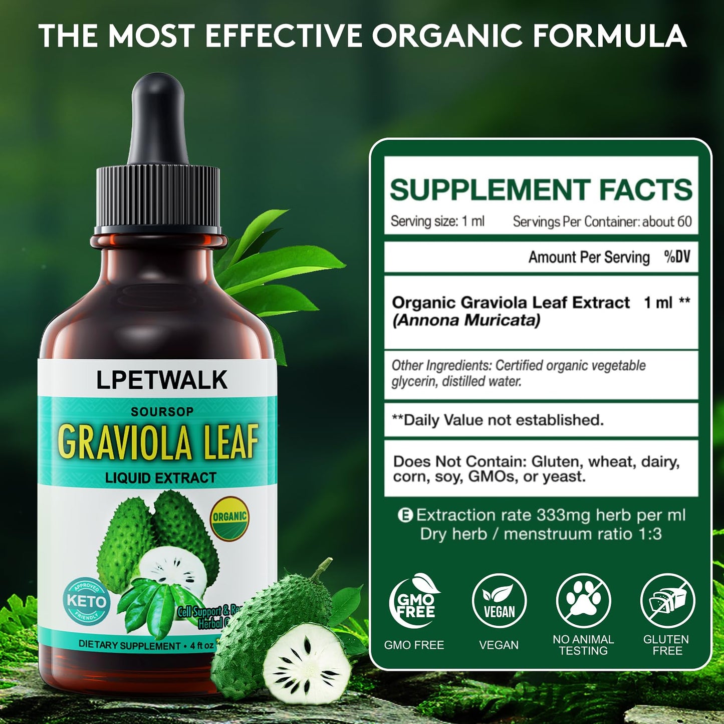 4 Fl Oz Soursop Graviola Leaf Extract Liquid Drops – Organic Guanabana Leaves, 120ml Big Capacity