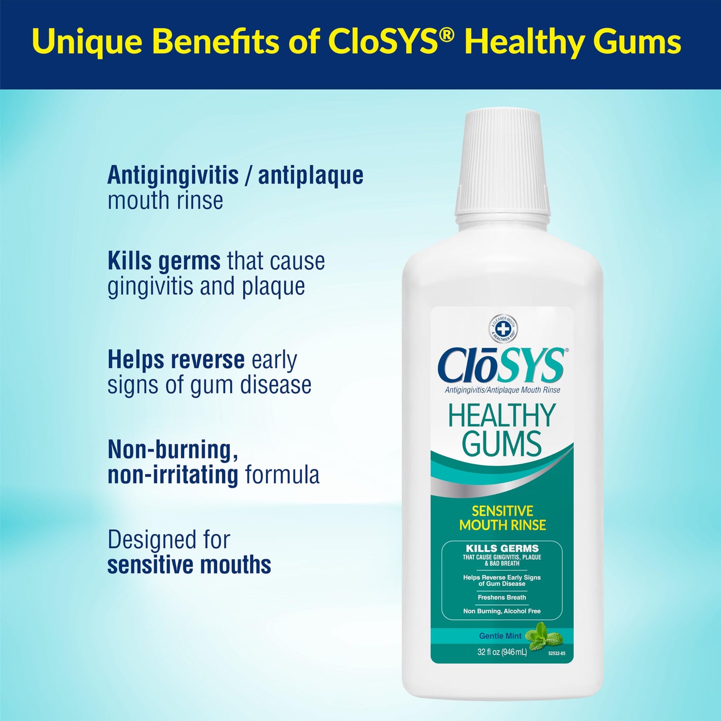 Closys Healthy Gums Mouthwash – Antiplaque & Anti-Gingivitis, Alcohol-Free, 32 Fl Oz