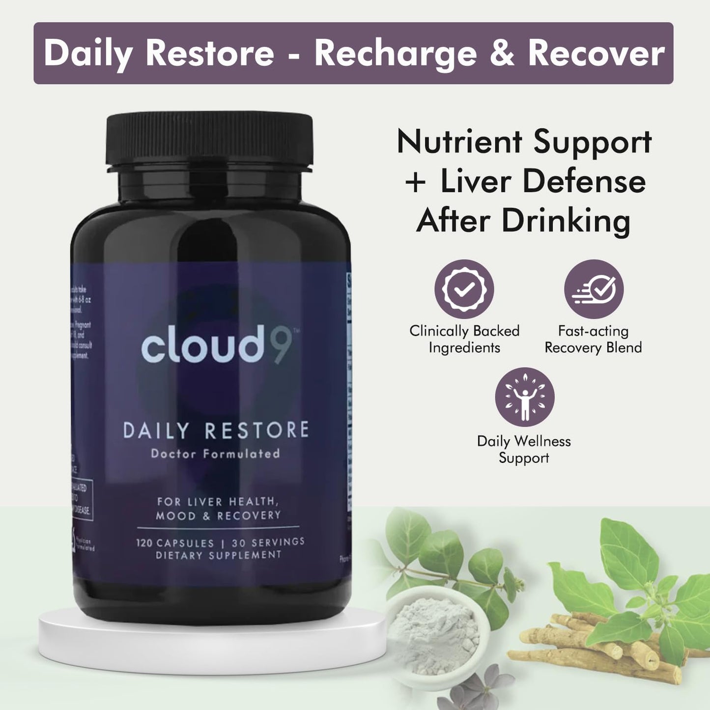 Cloud9 Daily Restore – Liver Detox & Recovery Supplement with Milk Thistle, NAC & B-Vitamins | 120 Capsules | Made in USA