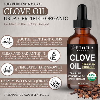 Organic Clove Essential Oil – 100% Pure, USDA Certified Clove Bud Oil for Teeth & Gums, Toothache Relief, Hair Growth & Aromatherapy – Premium Cloves Oil for DIY Wellness by Fiora Naturals