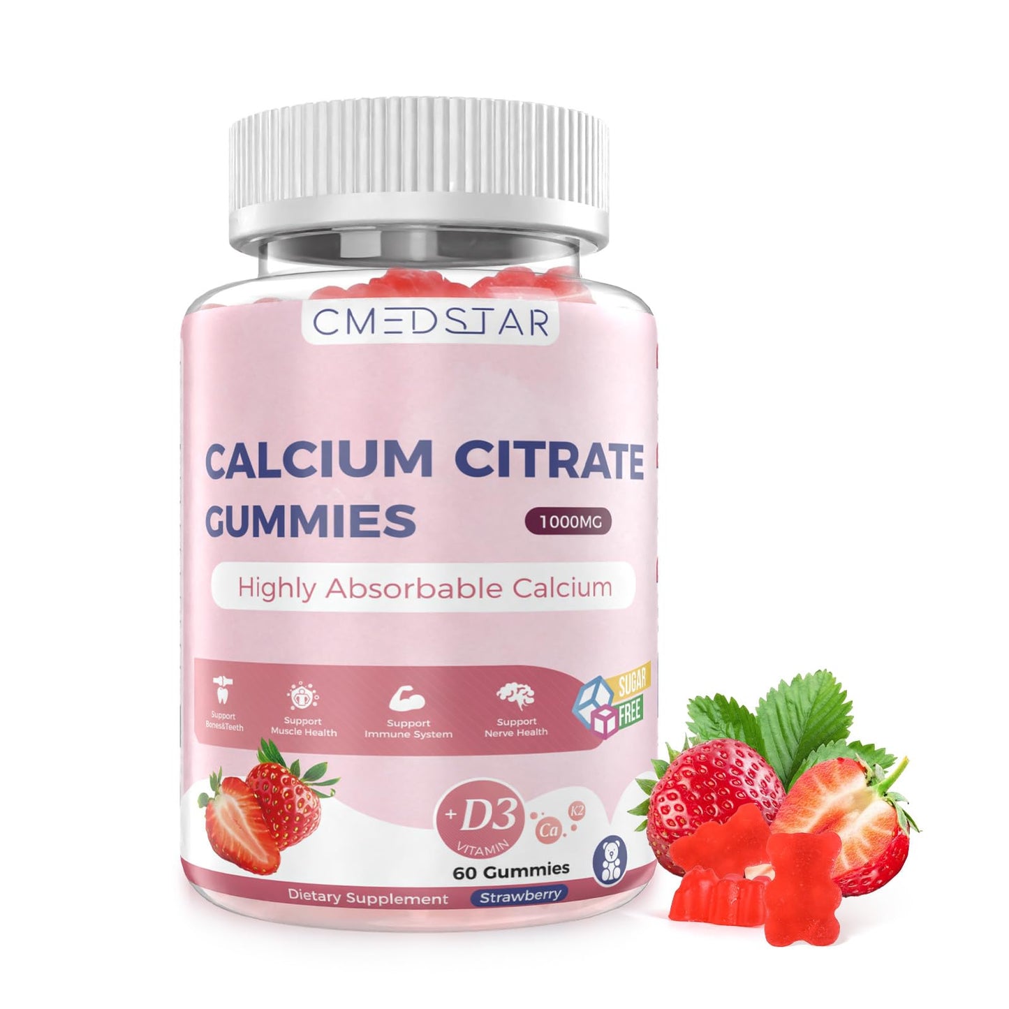 CMEDSTAR Calcium Citrate Gummies 1000mg with D3 & K2 | Magnesium & Zinc | Vegan Strawberry 60 Count