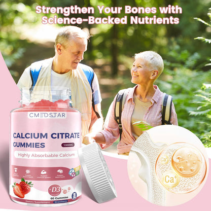 CMEDSTAR Calcium Citrate Gummies 1000mg with D3 & K2 | Magnesium & Zinc | Vegan Strawberry 60 Count
