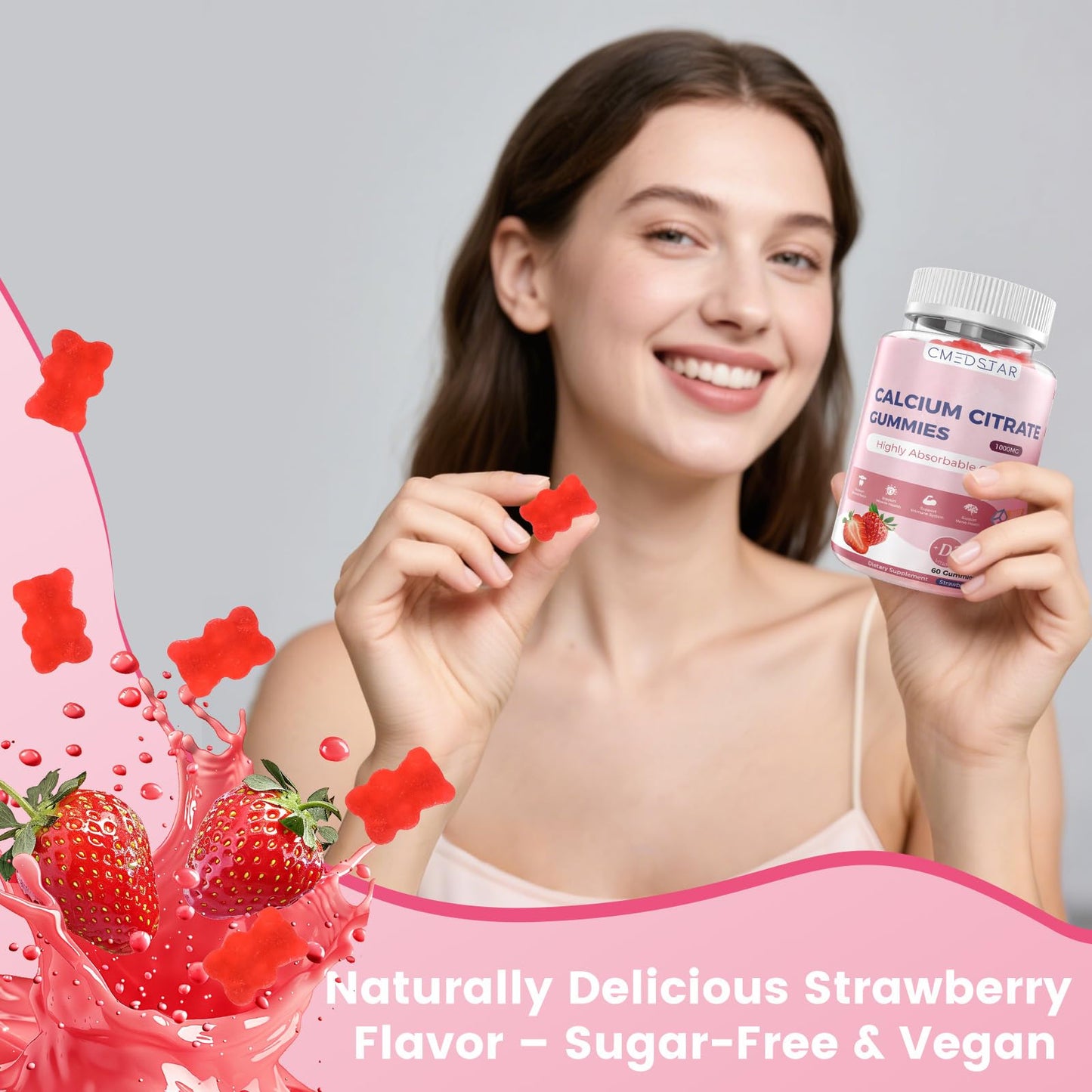 CMEDSTAR Calcium Citrate Gummies 1000mg with D3 & K2 | Magnesium & Zinc | Vegan Strawberry 60 Count