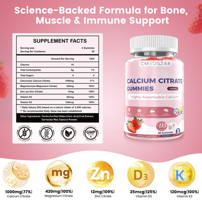 CMEDSTAR Calcium Citrate Gummies 1000mg with D3 & K2 | Magnesium & Zinc | Vegan Strawberry 60 Count