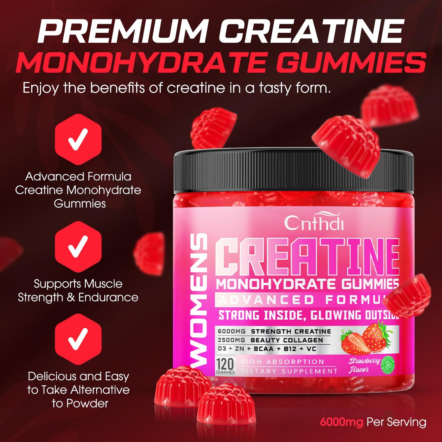 CNFHDI Creatine Monohydrate Gummies 6000mg for Women – Pre-Workout, Strawberry, Sugar Free & Non-GMO, 120 Count