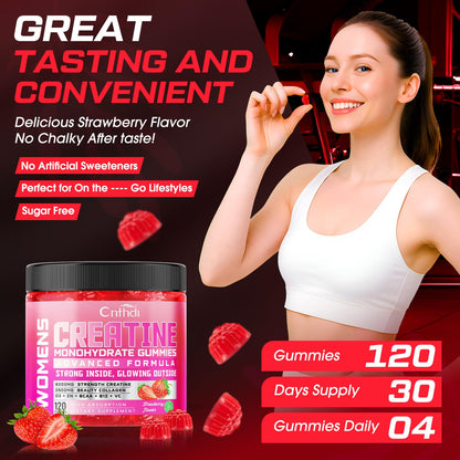 CNFHDI Creatine Monohydrate Gummies 6000mg for Women – Pre-Workout, Strawberry, Sugar Free & Non-GMO, 120 Count