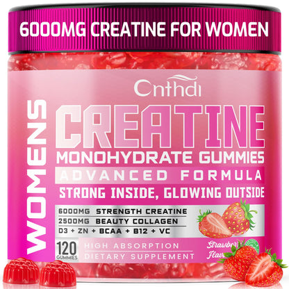 CNFHDI Creatine Monohydrate Gummies 6000mg for Women – Pre-Workout, Strawberry, Sugar Free & Non-GMO, 120 Count