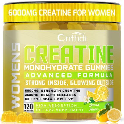 CNFDHI Creatine Gummies Monohydrate 6000MG, Pre-Workout for Women, Collagen, L-Taurine, BCAA 2:1, B12& Vitamin C for Muscle Support, Enhance Strength, Energy Boost, 30 Days Supply
