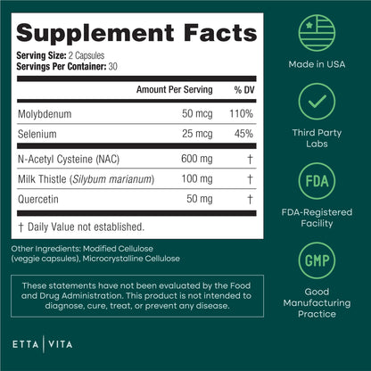 Vegan NAC 600mg Liver Detox & Immune Support | Quercetin, Milk Thistle, Molybdenum & Selenium