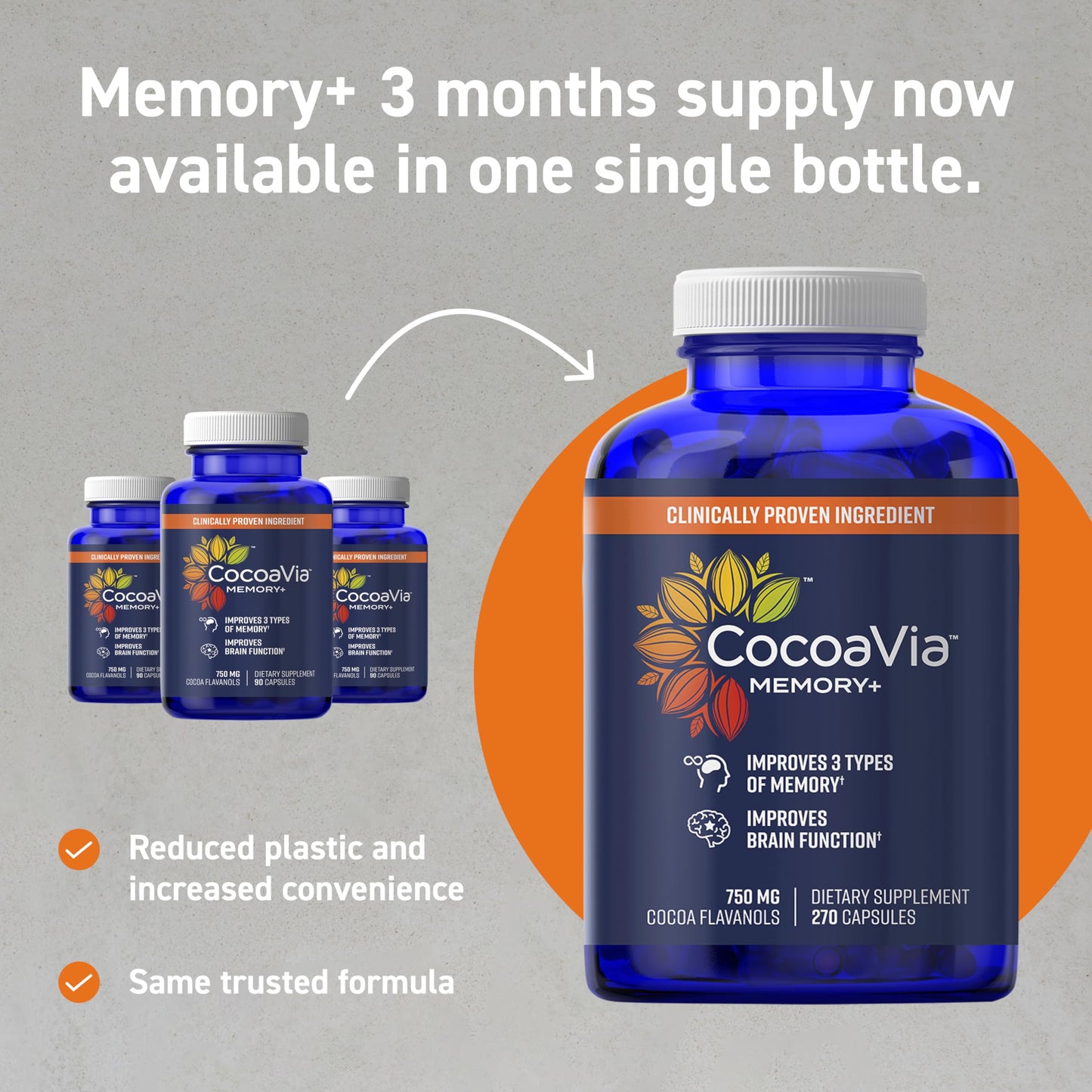 CocoaVia Memory+ Brain Supplement, 90 Day, 750 mg Cocoa Flavanols, Memory & Brain Booster, Vegan, Plant Based, Gluten Free, 270 Capsules