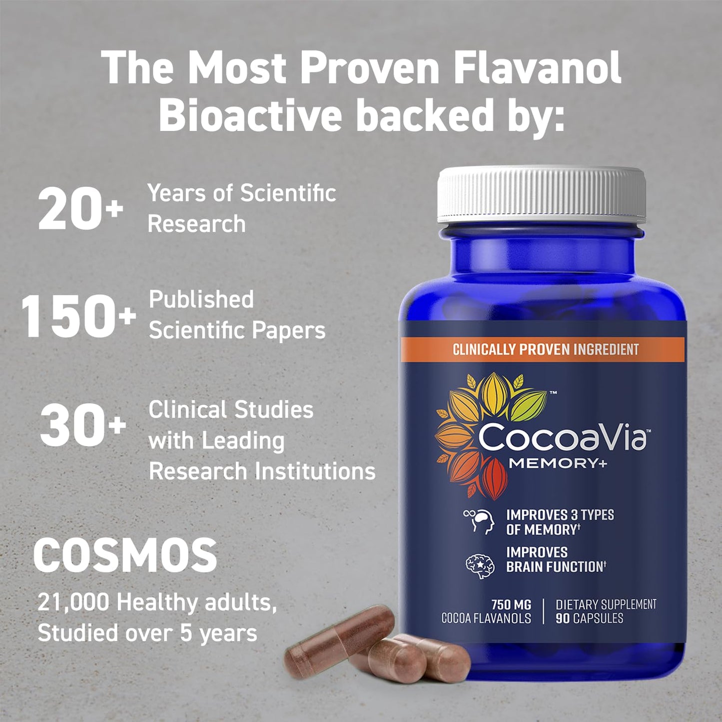 CocoaVia Memory+ Brain Supplement, 90 Day, 750 mg Cocoa Flavanols, Memory & Brain Booster, Vegan, Plant Based, Gluten Free, 270 Capsules