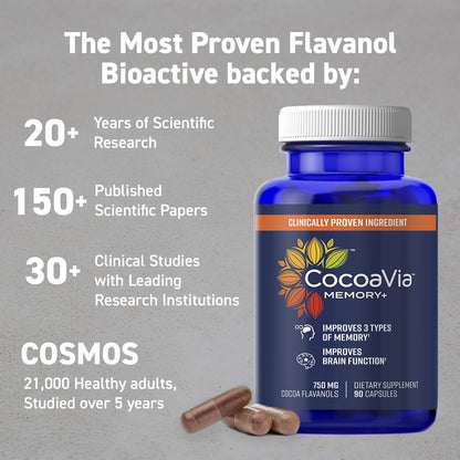 CocoaVia Memory+ Brain Supplement, 90 Day, 750 mg Cocoa Flavanols, Memory & Brain Booster, Vegan, Plant Based, Gluten Free, 270 Capsules