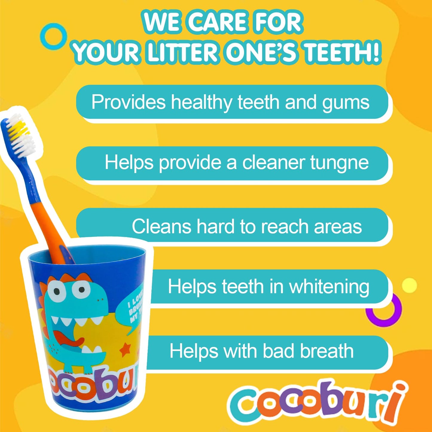 COCOBURI Dinosaurs 4-Piece Kids Toothbrush Set - Travel Cup, Cap & Carry Bag