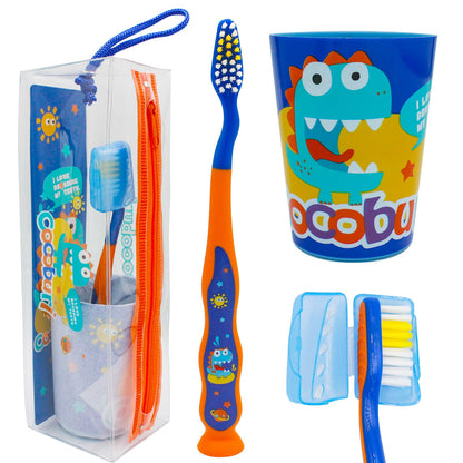 COCOBURI Dinosaurs 4-Piece Kids Toothbrush Set - Travel Cup, Cap & Carry Bag