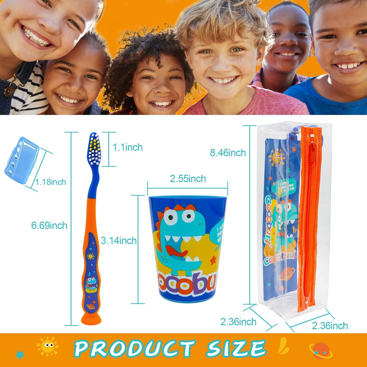 COCOBURI Dinosaurs 4-Piece Kids Toothbrush Set - Travel Cup, Cap & Carry Bag
