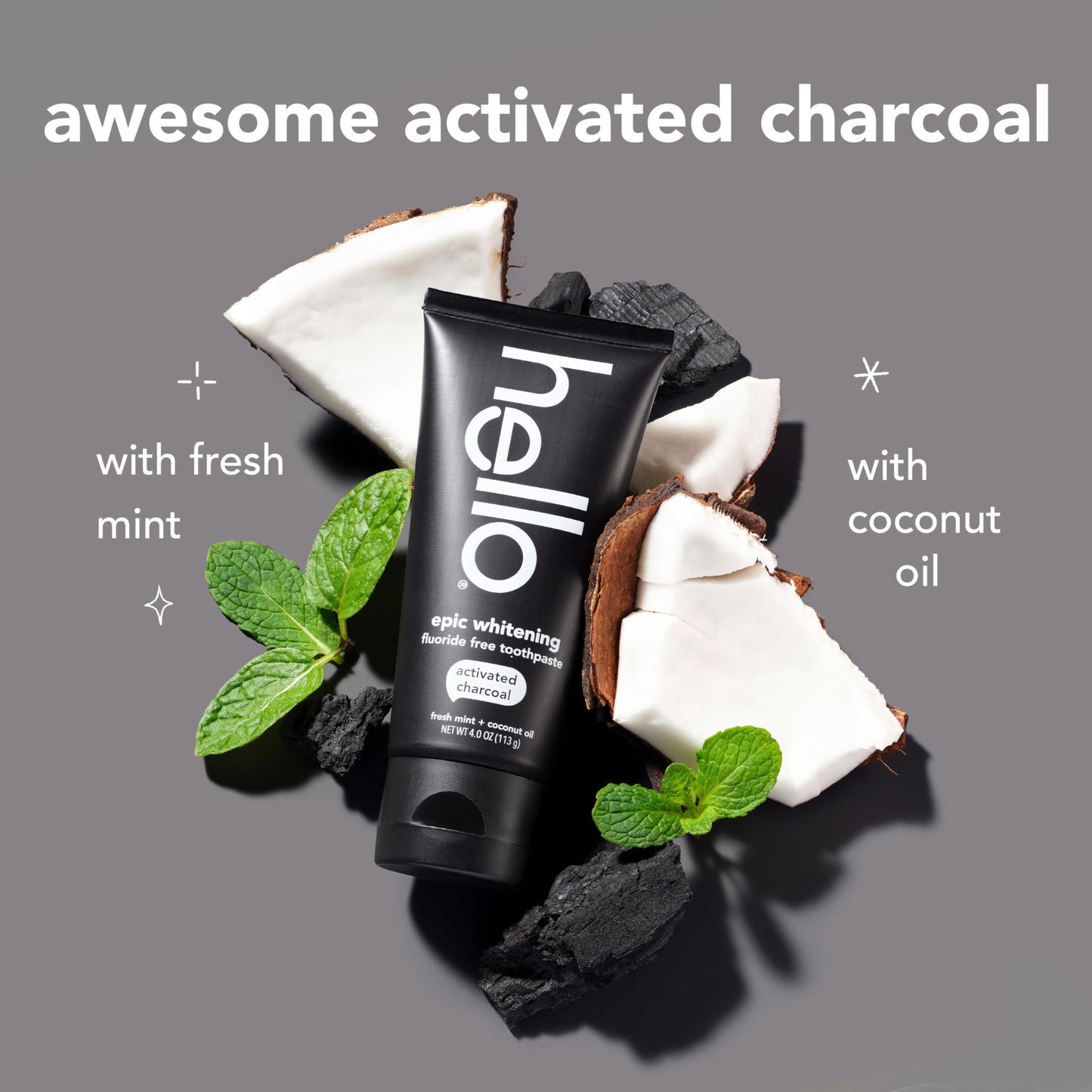 Hello Epic Whitening Charcoal Toothpaste – Fluoride Free, SLS Free, 3-Pack, 4.0 oz Tubes
