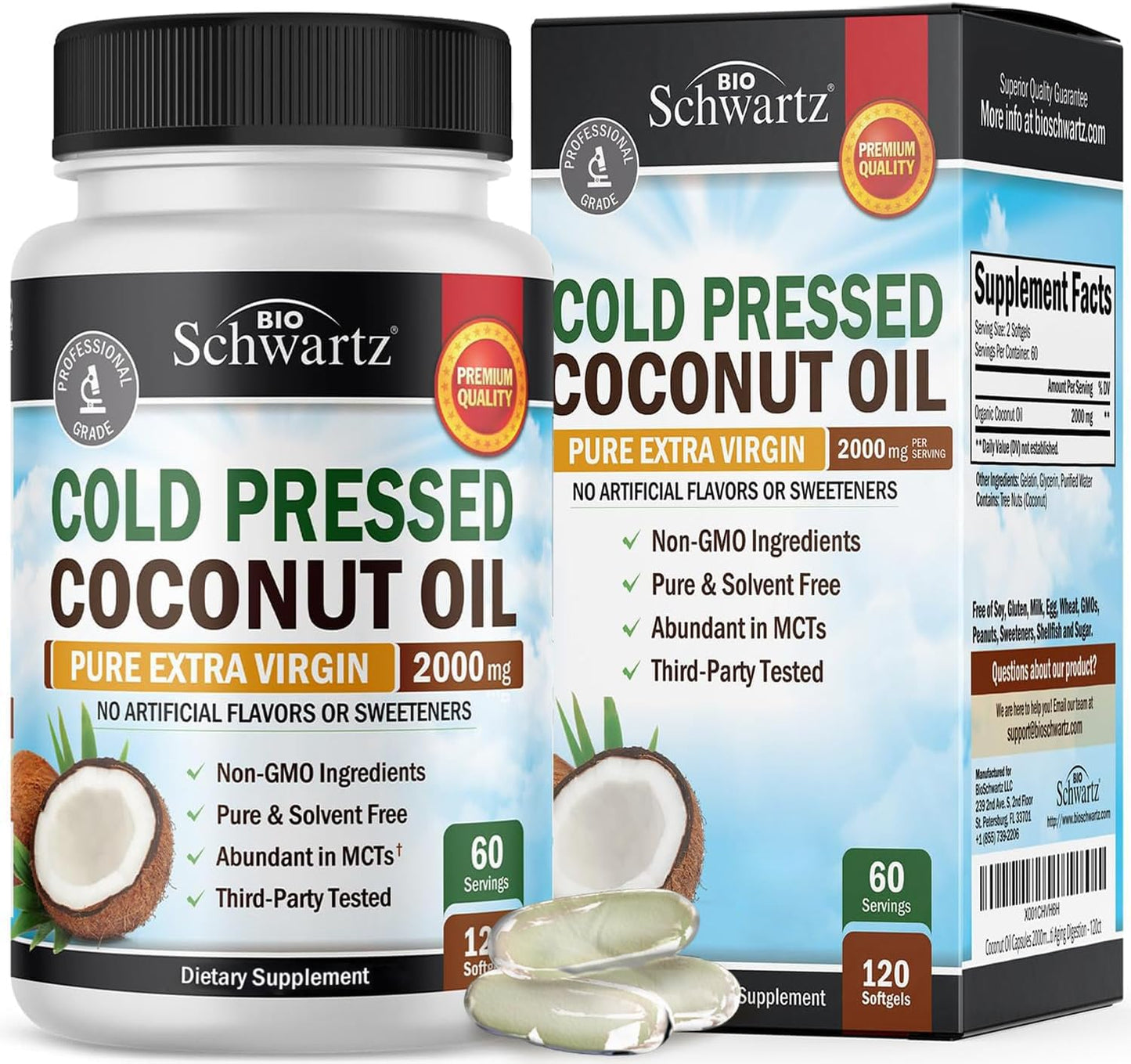 Organic Coconut Oil Capsules 2000mg – Extra Virgin MCT (120ct, 2 Month Supply)