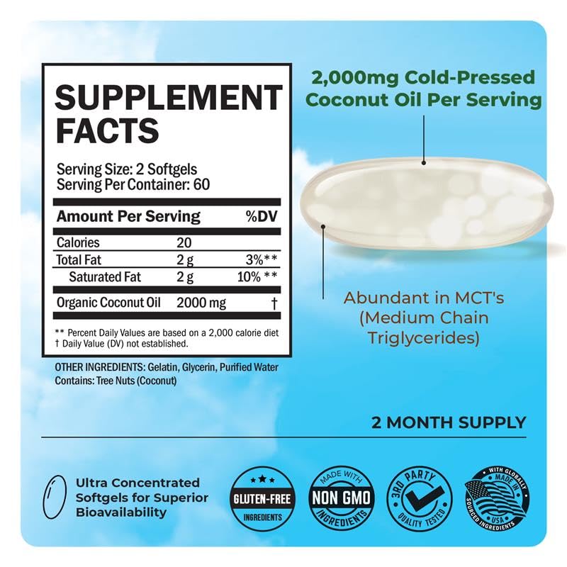 Organic Coconut Oil Capsules 2000mg – Extra Virgin MCT (120ct, 2 Month Supply)