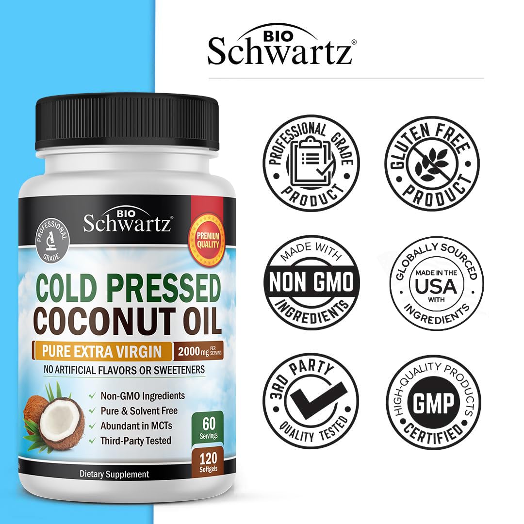 Organic Coconut Oil Capsules 2000mg – Extra Virgin MCT (120ct, 2 Month Supply)
