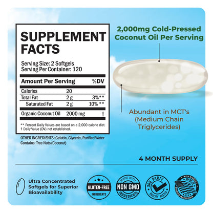Coconut Oil Capsules 2000mg – Organic Pure Extra Virgin Cold-Pressed MCT, Non-GMO (240ct, 4-Month Supply)