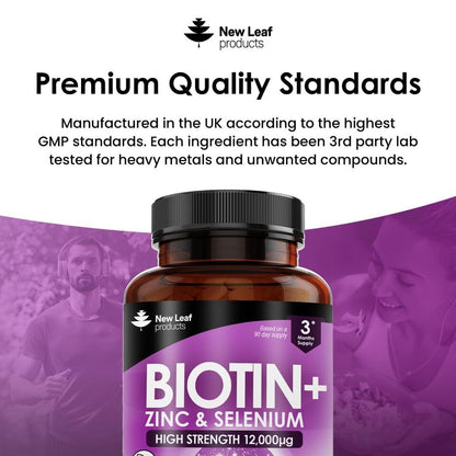 Biotin Hair Growth Vitamins 12000mcg – High Strength, Coconut Oil | Vegan & UK Made | New Leaf