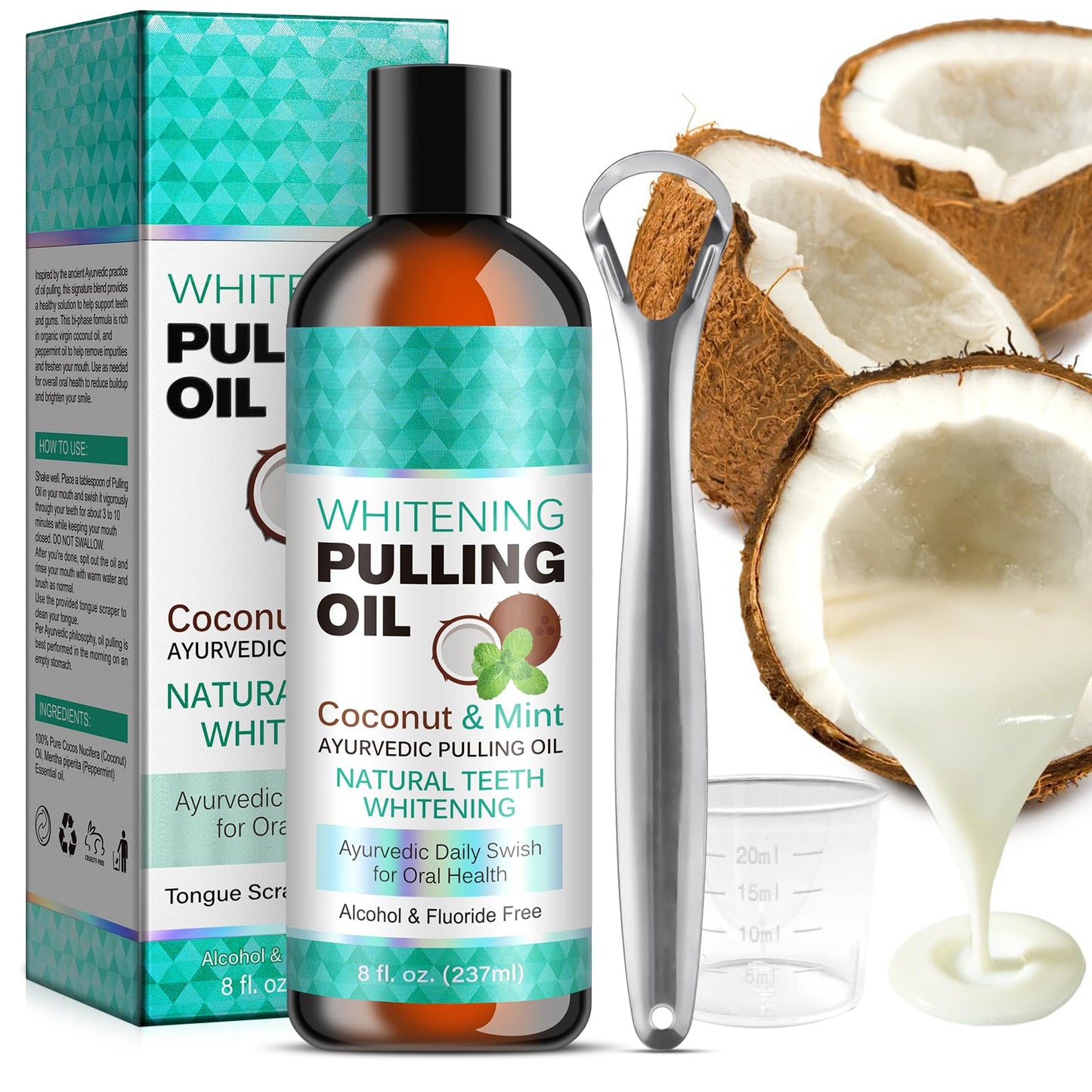 Coconut Oil Pulling for Fresh Breath & Oral Hygiene – Ayurvedic Expert Formulated | Includes Tongue Scraper & Measuring Cup | 8 oz