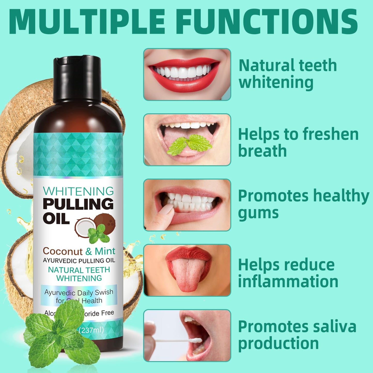Coconut Oil Pulling for Fresh Breath & Oral Hygiene – Ayurvedic Expert Formulated | Includes Tongue Scraper & Measuring Cup | 8 oz