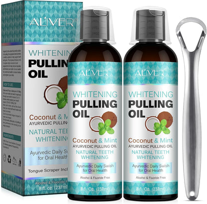 Coconut Oil Pulling for Fresh Breath and Oral Hygiene - Ayurvedic Expert Formulated | Supports Healthy Gums | Natural - Includes Tongue Scraper and Measuring Cup - 8 oz - 2 Packs