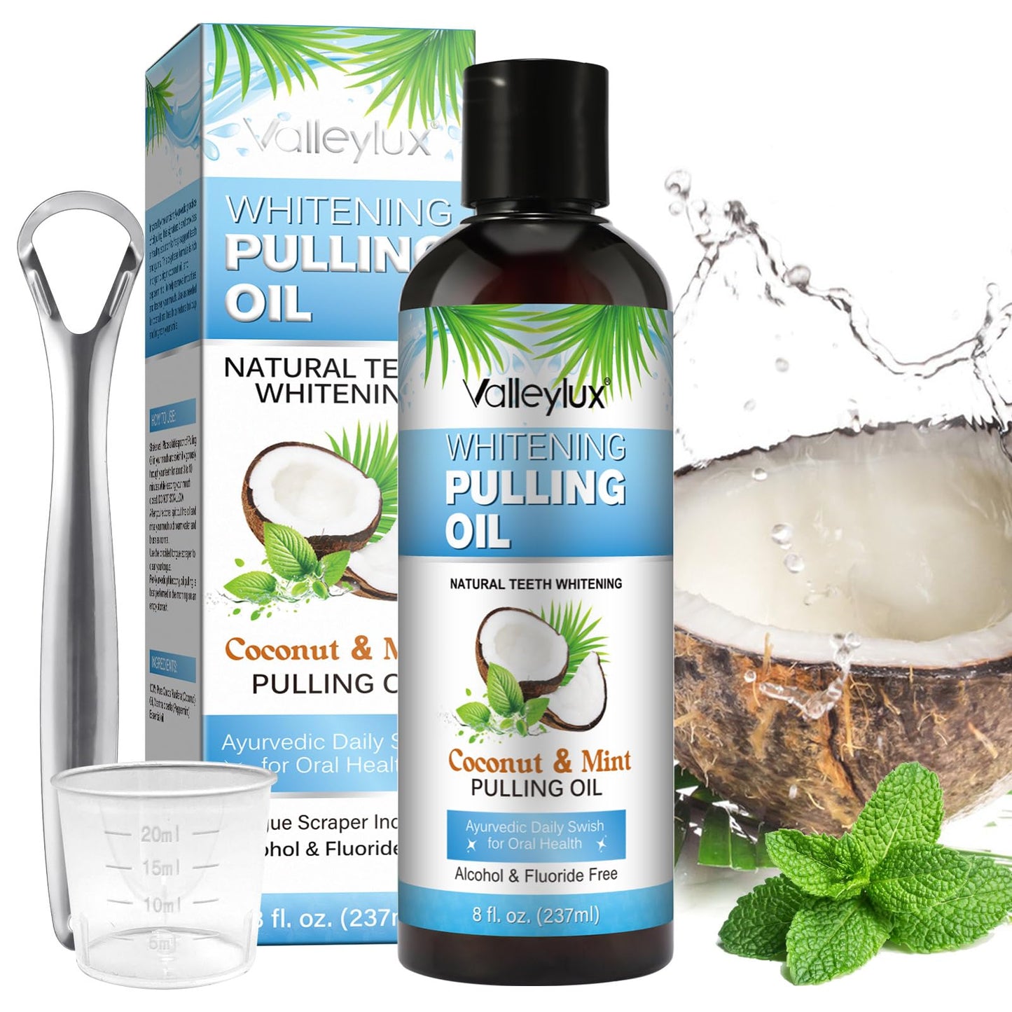 Coconut Oil Pulling Mouthwash 237ml – Whitening Mint, Fresh Breath & Gum Health (Blue)