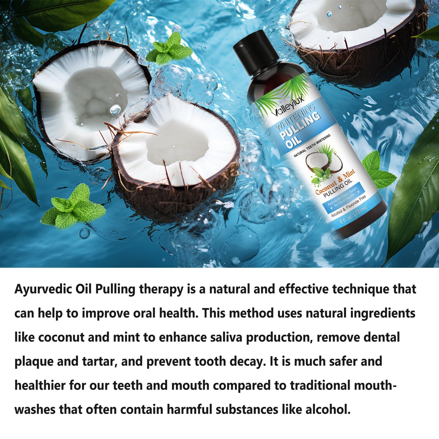 Coconut Oil Pulling Mouthwash 237ml – Whitening Mint, Fresh Breath & Gum Health (Blue)