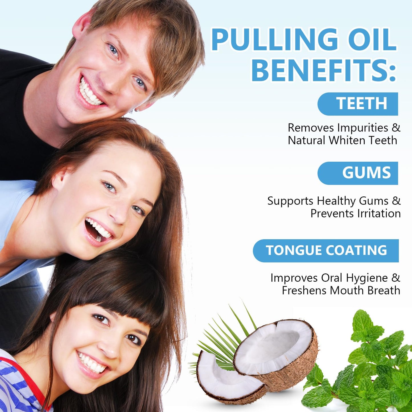 Coconut Oil Pulling Mouthwash 237ml – Whitening Mint, Fresh Breath & Gum Health (Blue)