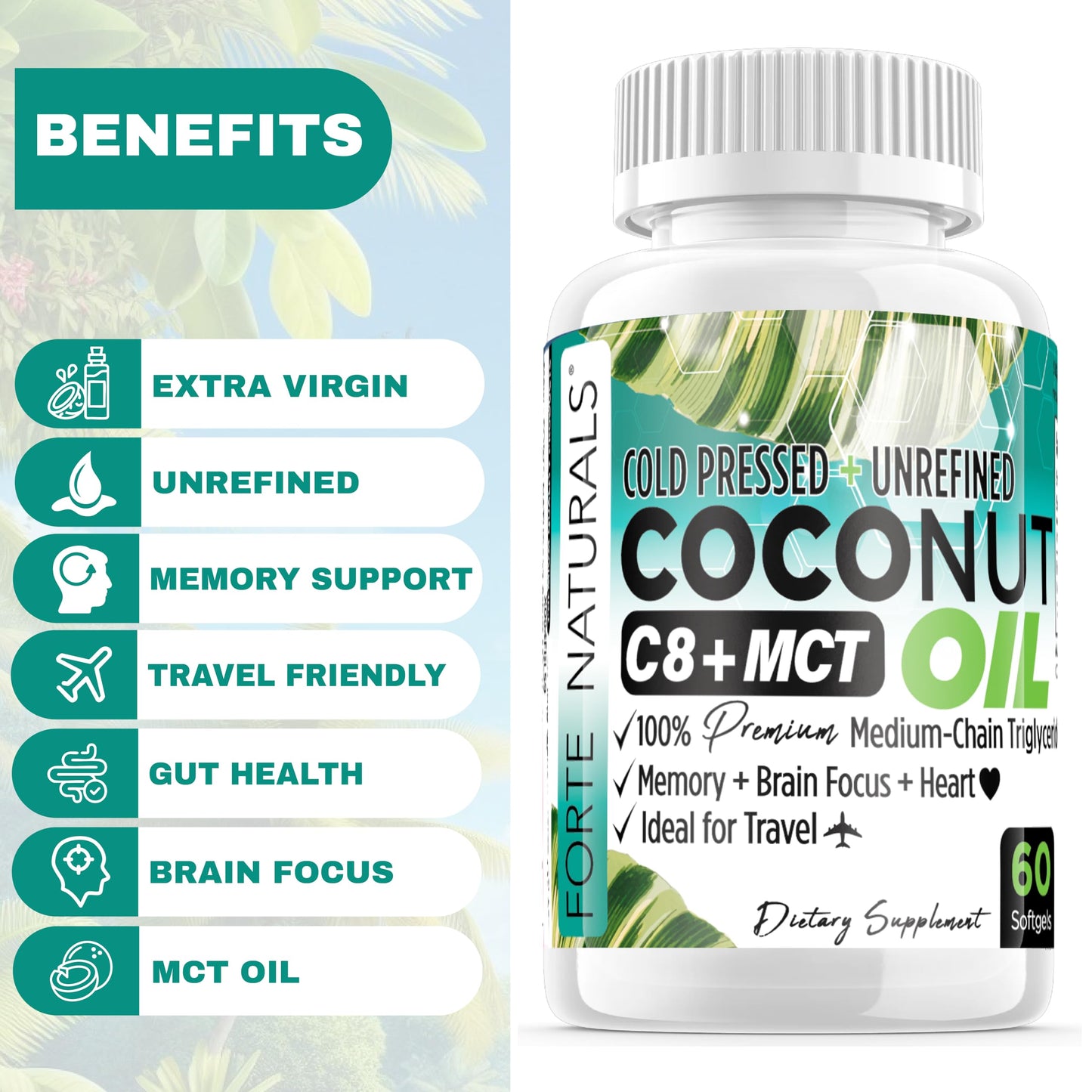 FORTE NATURALS Coconut Oil Softgels 1000mg | C8/C10 MCT for Brain & Gut Health