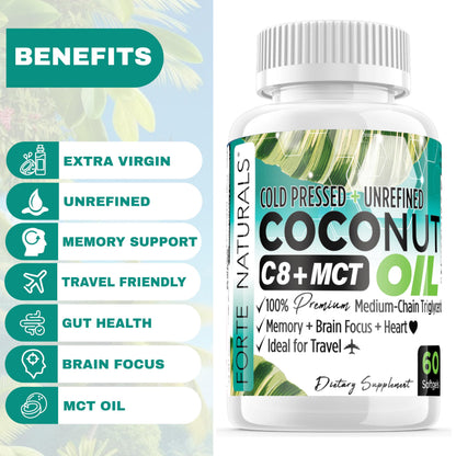 FORTE NATURALS Coconut Oil Softgels 1000mg | C8/C10 MCT for Brain & Gut Health