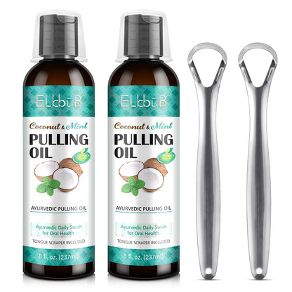 Coconut Pulling Oil with Ayurvedic Mint – Oil Pulling Mouthwash with Tongue Scraper | Fresh Breath, Teeth Whitening & Healthy Gums | Alcohol-Free 8 Fl Oz 2-Pack