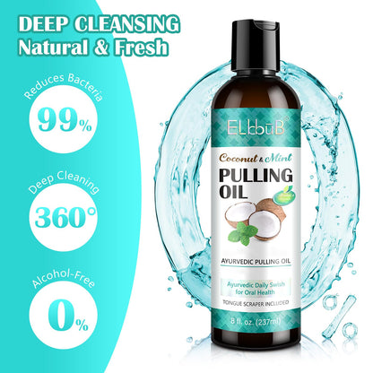 Coconut Pulling Oil with Ayurvedic Mint – Oil Pulling Mouthwash with Tongue Scraper | Fresh Breath, Teeth Whitening & Healthy Gums | Alcohol-Free 8 Fl Oz 2-Pack