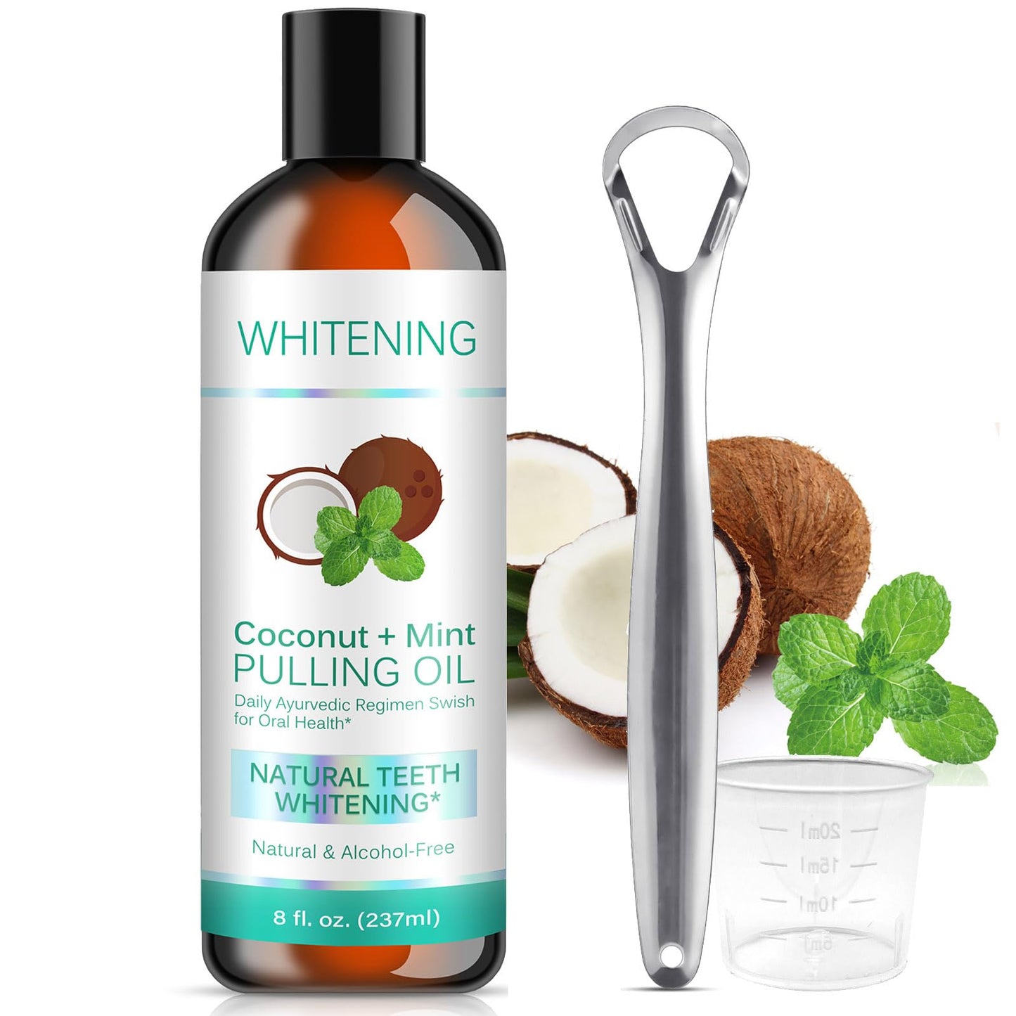 Coconut Pulling Oil (8 Oz) – Mint Mouthwash, Tongue Scraper, Alcohol Free