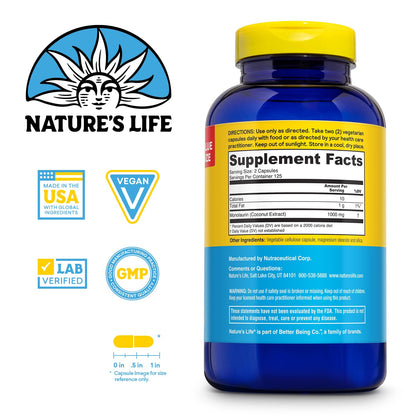 Nature's Life Monolaurin 1000 mg – Immune Support & Gut Health (125 Servings, 250 Vegetarian Capsules)