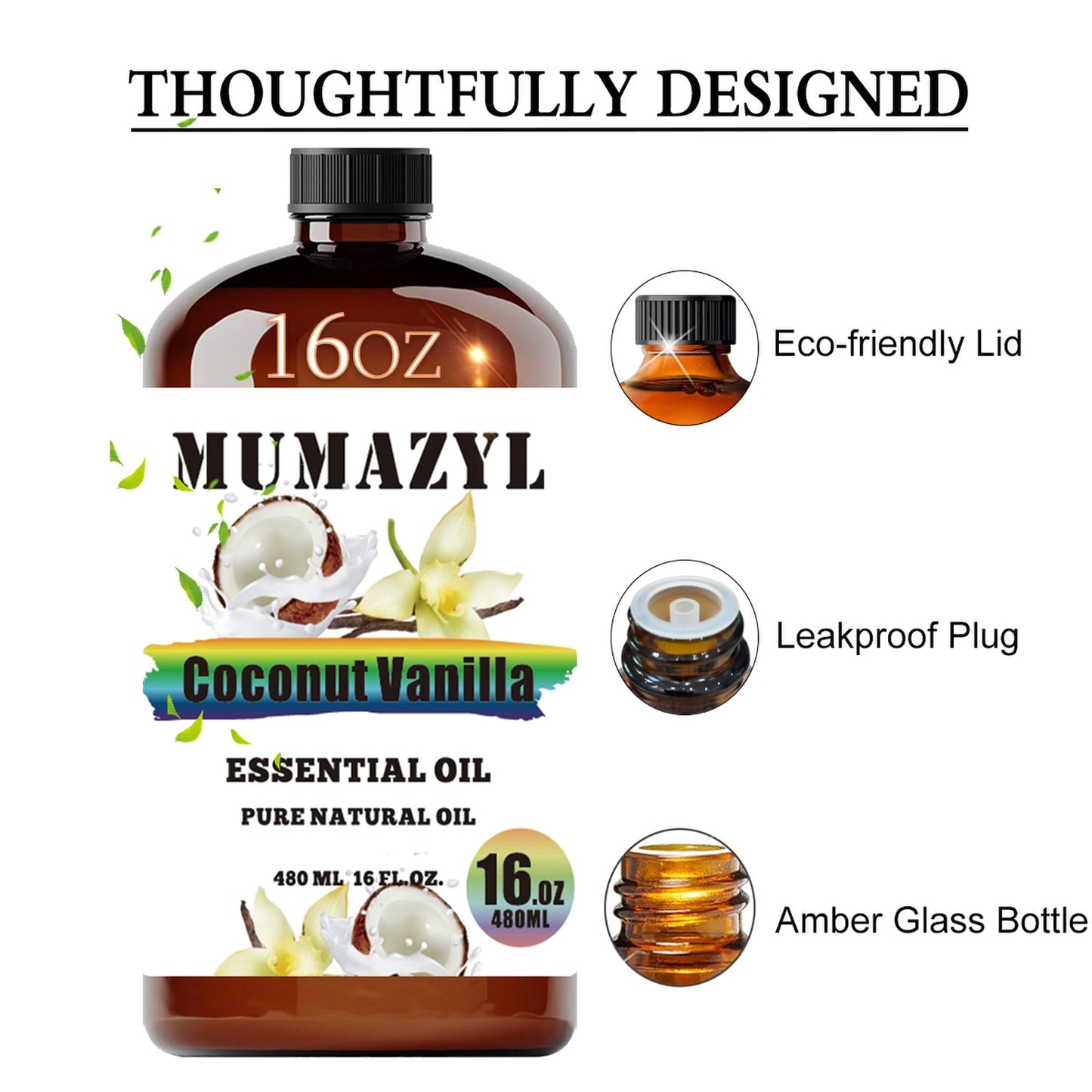 Coconut Vanilla Essential Oil – 16 Fl Oz (480 ml) Amber Bottle for Diffuser, DIY Projects